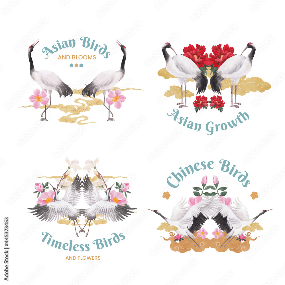 Logo design with Bird and Chinese flower concept,watercolor style