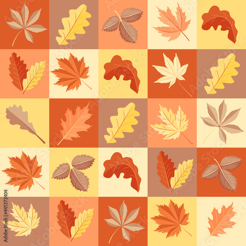 Seamless pattern with bright autumn leaves. Square background. Autumn time. Vector.