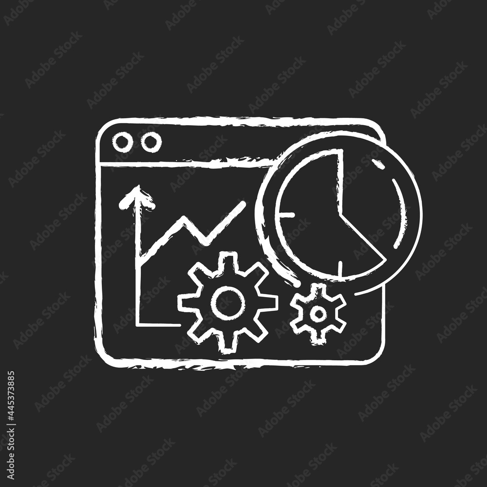 Time analysis chalk white icon on dark background. Business management strategy. Dashboard presentation with project data. Work monitoring tools. Isolated vector chalkboard illustration on black Time analysis chalk white icon on dark background. Business management strategy. Dashboard presentation with project data. Work monitoring tools. Isolated vector chalkboard illustration on black