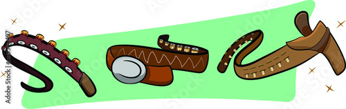 A set of 3 leather cowboy belts with bullet holders. Belt Buckle. Dynamic Neon Color Background. Wild West Texas Country graphic elements. Cowboy Vector Elements.