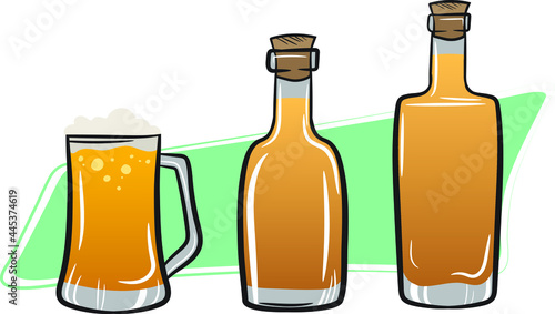 Drinks of the wild west texas. Saloon drinks Rum tequila and a frothy mug of beer. Cartoon Style Illustration of Alcohol Bottles.