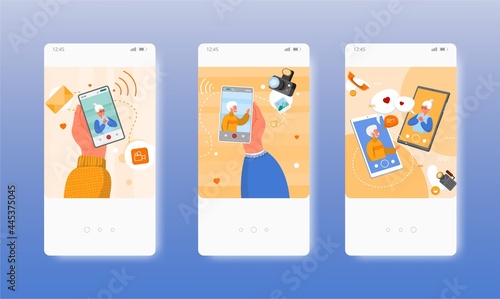 Happy elderly couple video calling, Live chat. Mobile app screens, vector website banner template. UI, web site design.