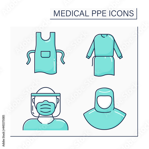 Medical PPE color icons set. Full protection, apron, face shield, isolation gown. Barrier between person and germs. Health protections concept. Isolated vector illustrations