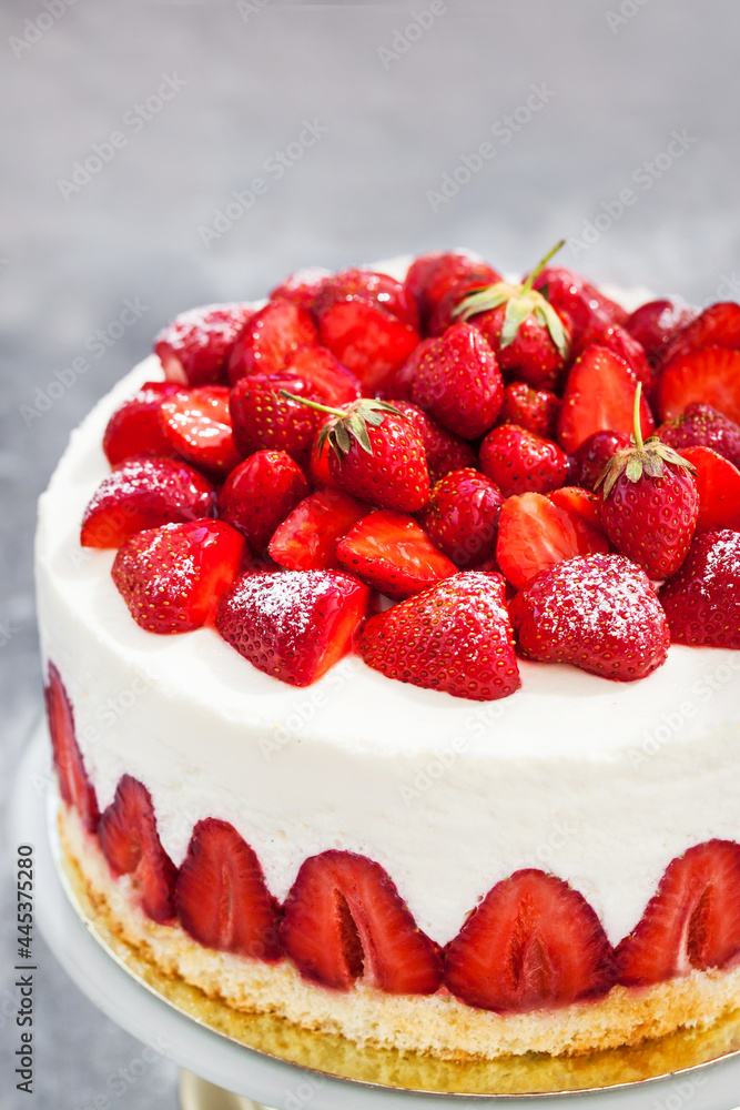 French Fraisier Strawberry Cake, delicious vanilla sponge and whipped cream mousse with fresh strawberries French Fraisier Strawberry Cake, delicious vanilla sponge and whipped cream mousse with fresh strawberries