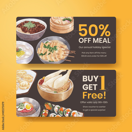 Voucher template with Korean foods concept,watercolor style