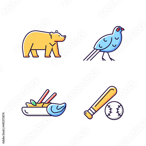 Taiwan national RGB color icons set. Isolated vector illustrations. Formosan black bear. Mikado pheasant gamebird. Traditional thai cuisine. Baseball league simple filled line drawings collection
