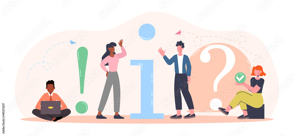 Getting help information concept. Men and women ask questions and try to find answers. Users of applications and programs. Cartoon is a flat vector illustration isolated on a white background - obrazy, fototapety, plakaty 