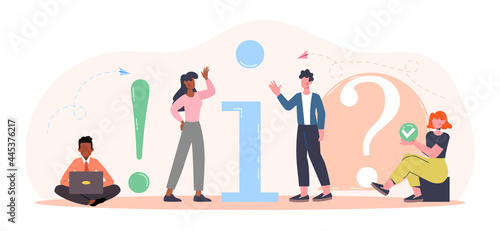 Getting help information concept. Men and women ask questions and try to find answers. Users of applications and programs. Cartoon is a flat vector illustration isolated on a white background