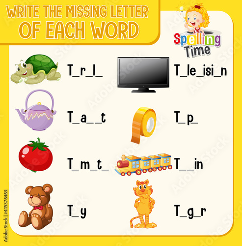 Write the missing letter of each word worksheet for children