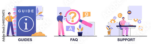 Website menu concept. Guides, FAQ and support. Men provide users with information, answer the most frequent questions and help in navigation. Cartoon flat vector set isolated on a white background