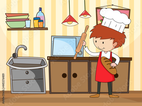 Baker man in the kitchen scene with equipments