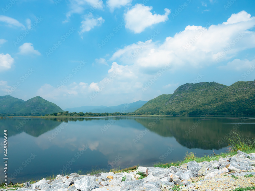 Fototapeta premium Nature view mountain and lake with blue sky and white cloudy landscape and valley shadow in the river,Beautiful natural for travel