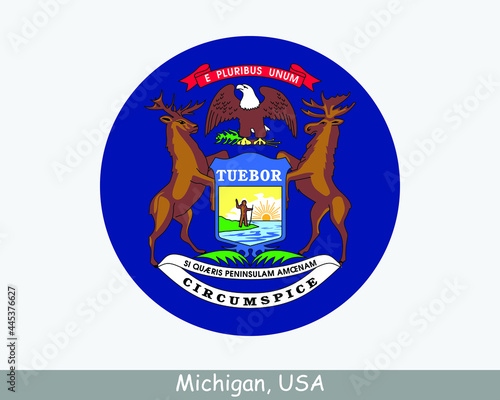 Michigan Round Circle Flag. MI USA State Circular Button Banner Icon. Michigan United States of America State Flag. The Great Lakes State EPS Vector