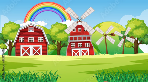 Farm landscape scene with barn and windmill