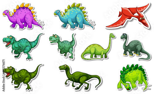 Sticker set with different types of dinosaurs cartoon characters