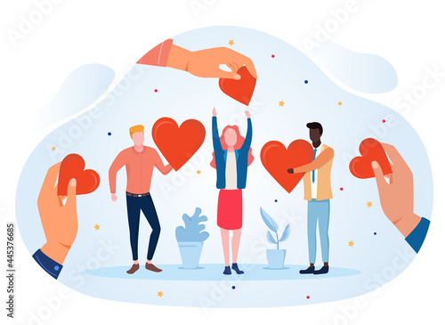 Heartfelt love as a symbol of charity and help. The characters give the girl hearts, support and warmth. People genuinely care about each other. Cartoon flat vector illustration on a white background