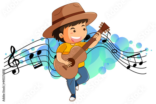 Cartoon character of a boy playing guitar with melody symbols