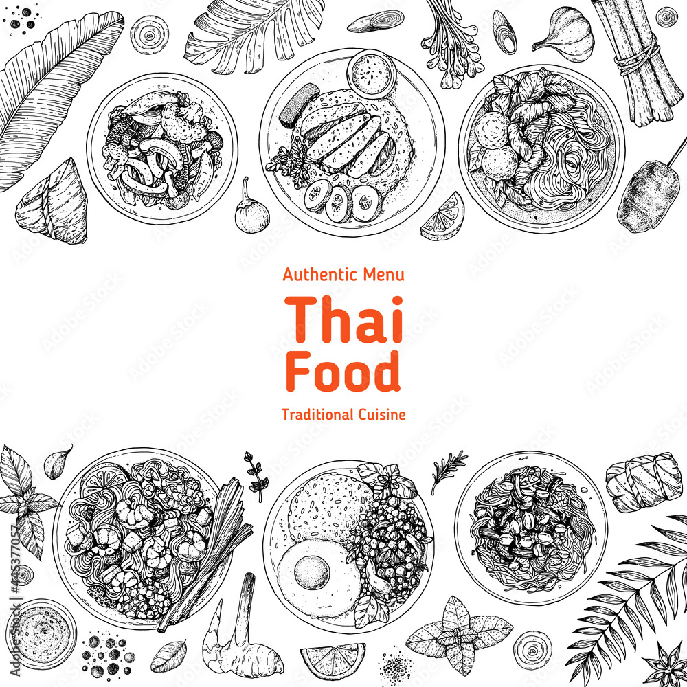 Thai food top view vector illustration. Food menu design template. Hand ...
