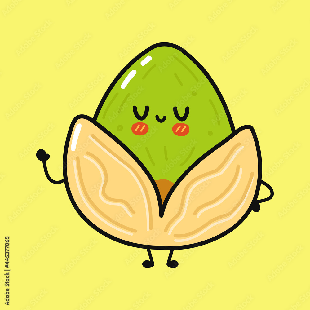 Cute funny pistachio character. Vector hand drawn cartoon kawaii character illustration icon. Isolated on yellow background. Pistachio character concept Cute funny pistachio character. Vector hand drawn cartoon kawaii character illustration icon. Isolated on yellow background. Pistachio character concept