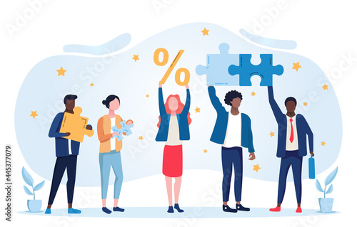 HR employee engagement concept. Girl holds the percentages in her hands, and the company s employees collect a single picture from the puzzle pieces. Motivation for teamwork. Flat vector illustration