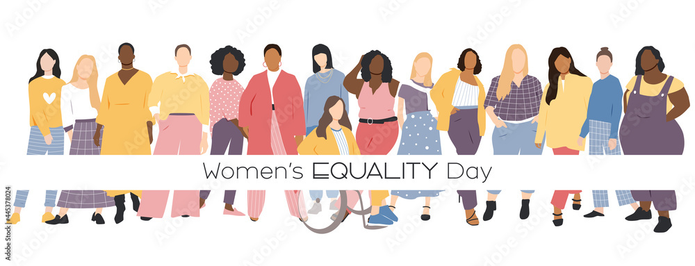  Women's Equality Day. Women of different ethnicities stand side by side together. Flat vector illustration.