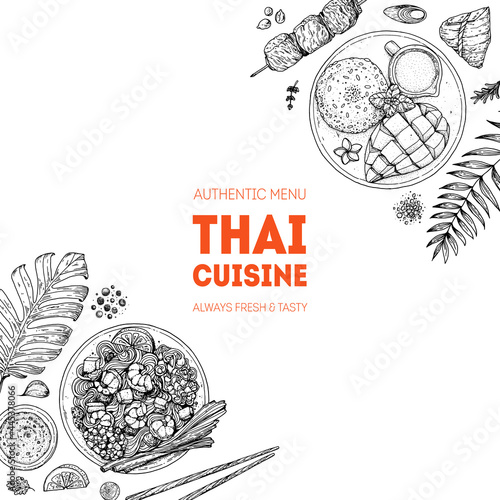 Thai food top view vector illustration. Food menu design template. Hand drawn sketch. Thai food menu. Vintage style.