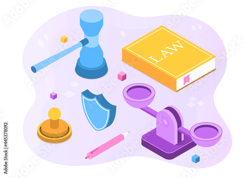 Law and Justice Concept. Lawyer Office Workplace with Judge Gavel, Scales of Justice and Legal Books. Sentencing of the defendant. Cartoon isometric vector illustration on a white background