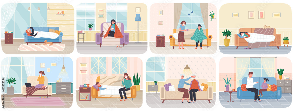 Set of illustrations on theme of home treatment. People with flu on self-isolation in apartment. Cartoon characters take pills and medicines to heal. Sick person with flu or colds or virus infection Set of illustrations on theme of home treatment. People with flu on self-isolation in apartment. Cartoon characters take pills and medicines to heal. Sick person with flu or colds or virus infection