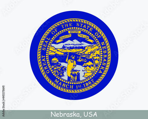 Nebraska Round Circle Flag. NE USA State Circular Button Banner Icon. Nebraska United States of America State Flag. Cornhusker State EPS Vector