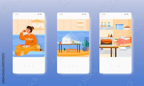 Overeating. Food addiction. Unhealthy fast food. Mobile app screens, vector website banner template. UI, web site design