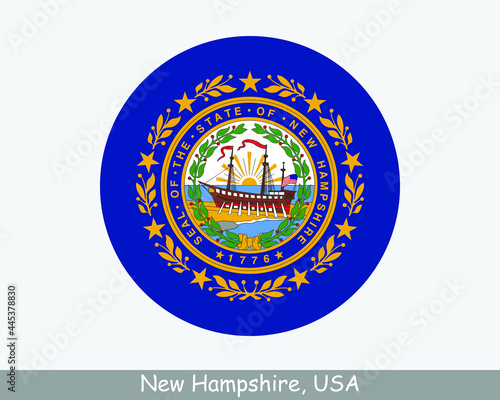 New Hampshire Round Circle Flag. NH USA State Circular Button Banner Icon. New Hampshire United States of America State Flag. The Granite State, The White Mountain State, EPS Vector