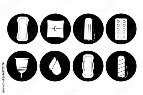 Feminine hygiene icons set. Women's pads and tampons. Critical days, menstruation concept. A collection of women's personal care items in the mentrual cycle. 