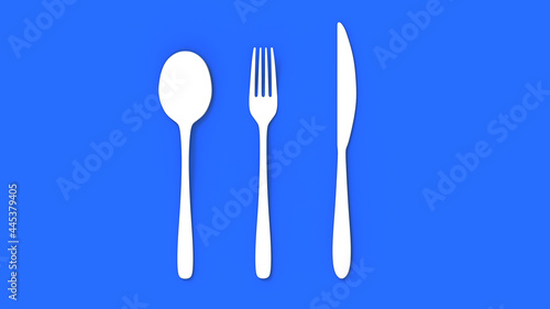 3d rendering of metal cutlery on a blue background. Knife, spoon and fork. Modern design. Backgrounds for the interior of the kitchen
