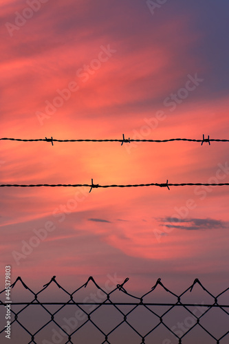 Barbed wire and fence at sunset