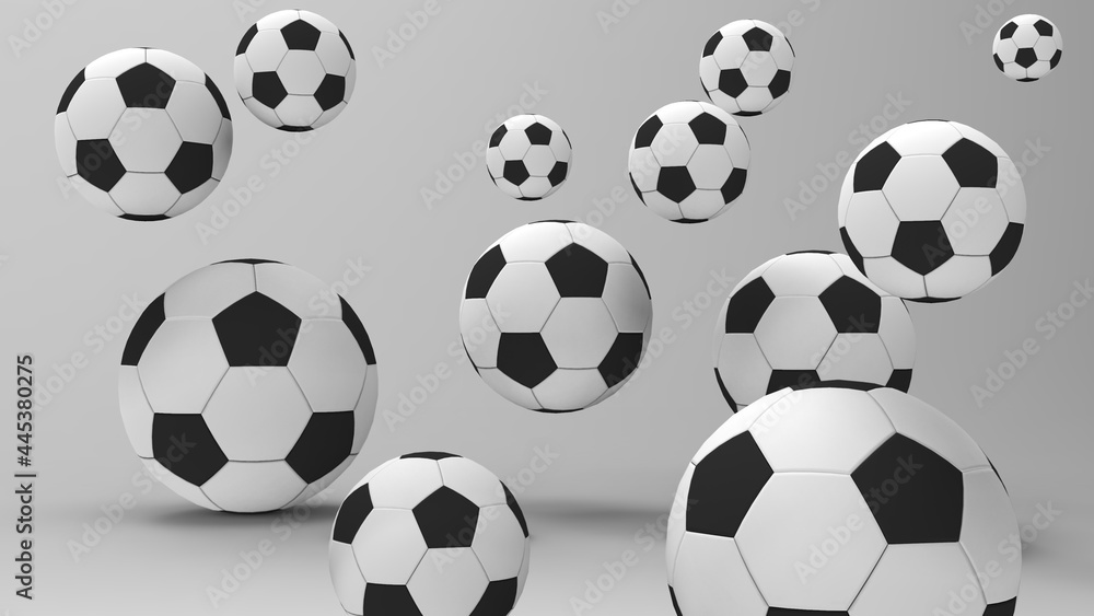 Image soccer balls on a grey background. 3d render soccer balls. Pop art style Image soccer balls on a grey background. 3d render soccer balls. Pop art style