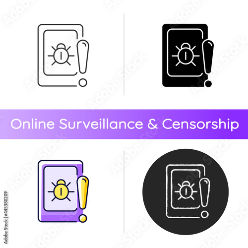 Cell phone bugging icon. Tracking user mobile device secretly. Smartphone surveillance. Recording conversations. Unauthorized access. Linear black and RGB color styles. Isolated vector illustrations