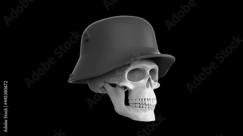 Skull in military german helmet on a black background. 3d render skull of war