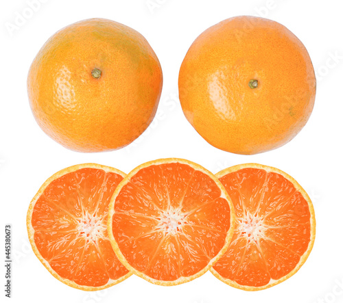 Top view oranges fruit and half slice on white background.