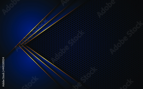 Abstract dark blue luxury polygon with golden lines on dark steel mesh background. Modern technological innovation concept background.	