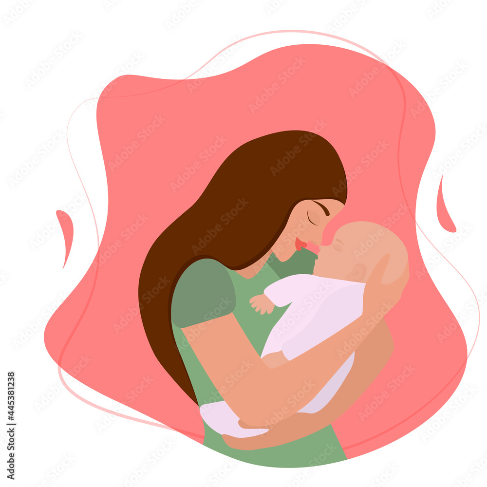 young happy woman holds a sleeping infant in her arms. The concept of breastfeeding and motherhood. Family and love. Vector illustration in a flat style. young happy woman holds a sleeping infant in her arms. The concept of breastfeeding and motherhood. Family and love. Vector illustration in a flat style.
