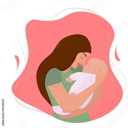 young happy woman holds a sleeping infant in her arms. The concept of breastfeeding and motherhood. Family and love. Vector illustration in a flat style.