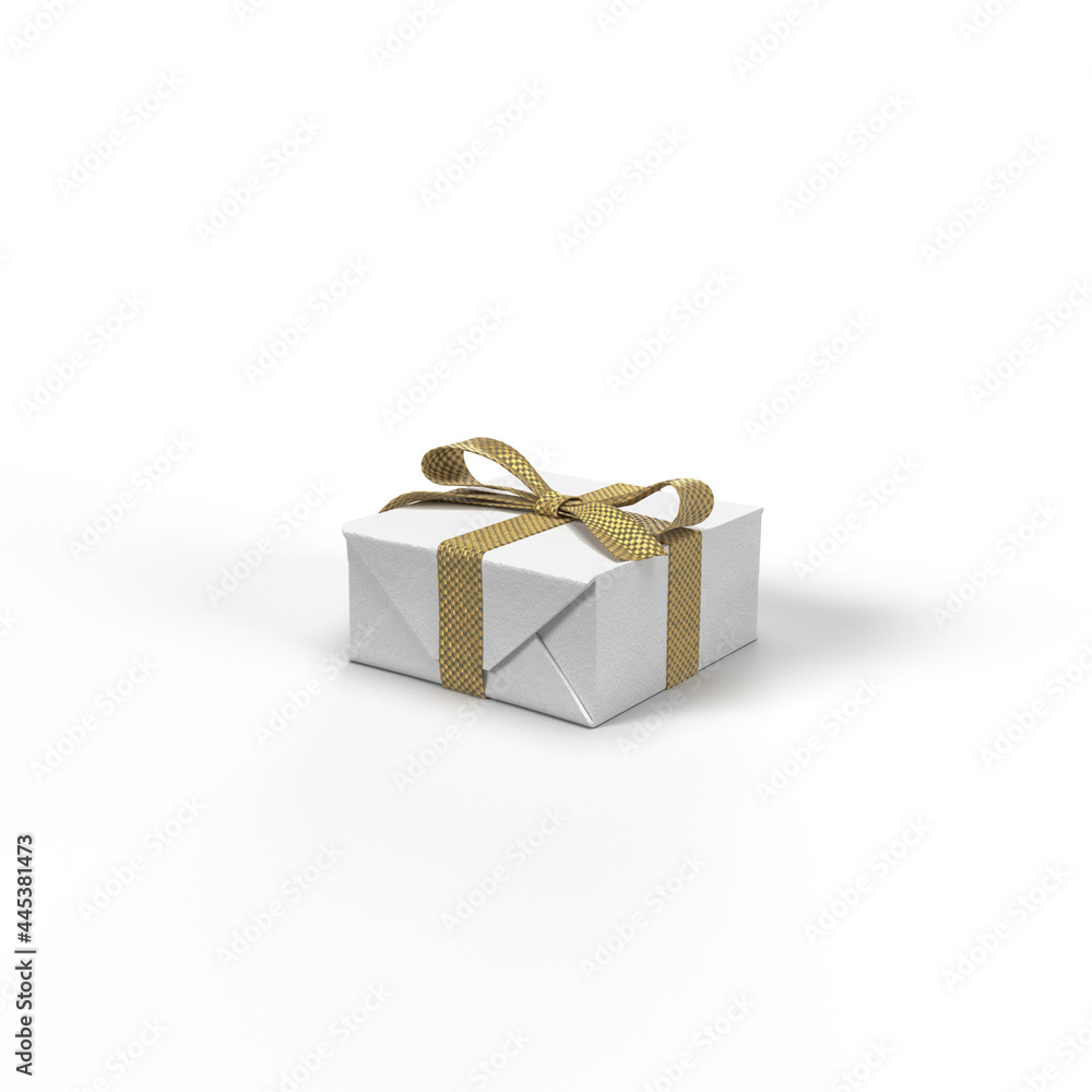 White christmas present with gold texture bow on the white background in perspective view, festive decoration, for marketing promotion, copy space, for sale purposes White christmas present with gold texture bow on the white background in perspective view, festive decoration, for marketing promotion, copy space, for sale purposes