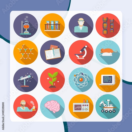 Science and biology chemistry and physics research icon flat set isolated vector illustration