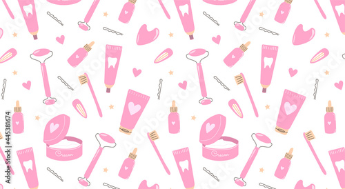 Skincare cosmetic pattern. Cute face care products seamless pattern. Pink cosmetic bottles, lotion and serum icon collection. Colorful hand drawn flat cartoon vector seamless pattern design.