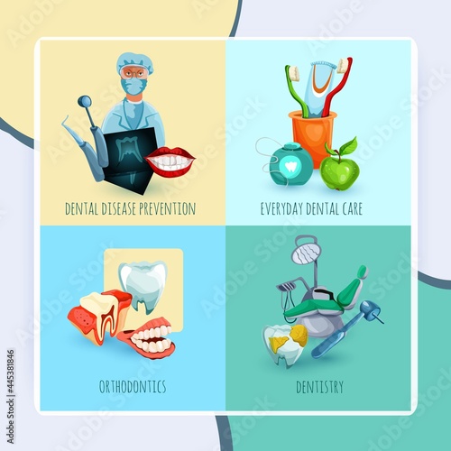 Stomatology design concept set with everyday dental care disease prevention dentistry and orthodontics icons isolated vector illustration