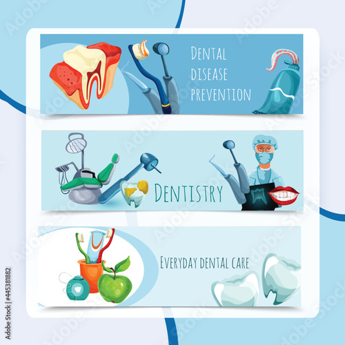 Stomatology horizontal banner set with everyday dental care dentistry dental disease prevention elements isolated vector illustration