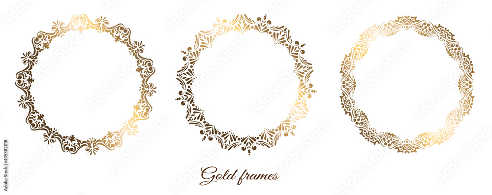 Set golden round frames. Collection of vector templates. Modern style. Vintage vector illustration. Festive decor. Set golden round frames. Collection of vector templates. Modern style. Vintage vector illustration. Festive decor.