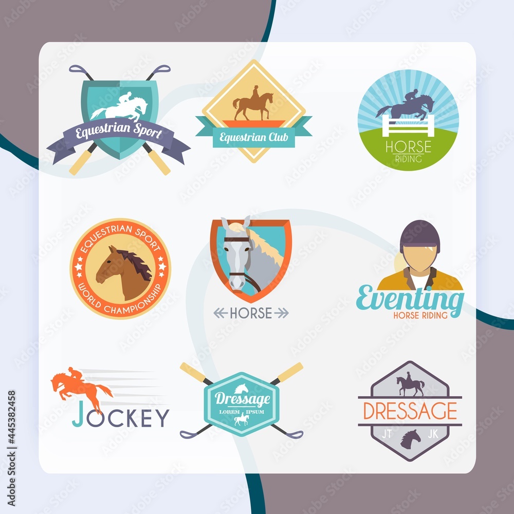 Jockey label set with dressage sport horse club emblems isolated vector illustration Jockey label set with dressage sport horse club emblems isolated vector illustration