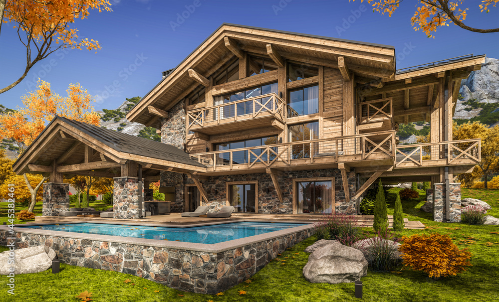 3d rendering of modern cozy chalet with pool and parking for sale or rent. Beautiful forest mountains on background. Massive timber beams columns. Clear sunny autumn day with golden leaves anywhere.