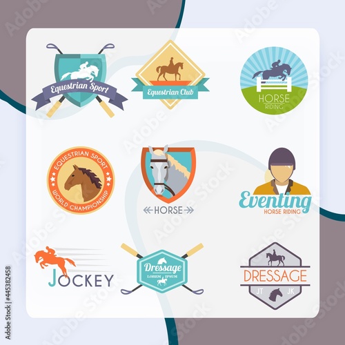 Jockey label set with dressage sport horse club emblems isolated vector illustration